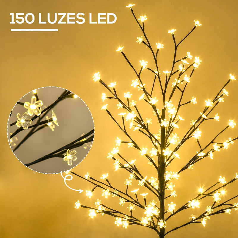 Árvore Cerejeira com 150 Luzes LED IP44 Branco Quente Árvore Decorativa com Ramos Flexíveis para Sala de Estar Festas Interior 17x17x150cm Preto