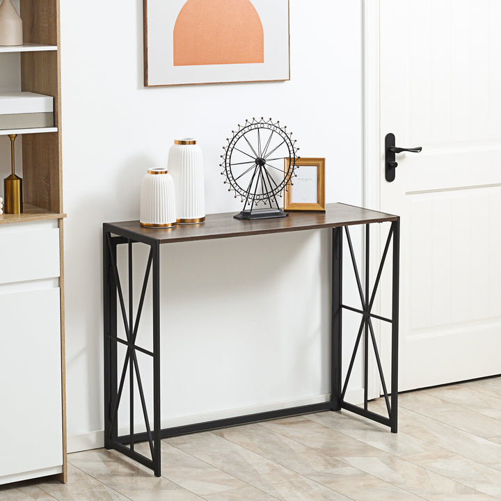 Consola Mesa de Entrada Estilo Industrial com Estrutura em Metal Dobrável e Bancada de MDF para Sala de Estar Entrada Corredor 100x38x80cm Marrom e Preto
