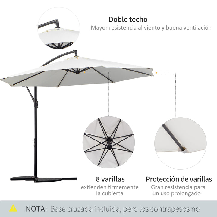 Chapéu de Sol de Jardim Ø300x250cm Chapéu de Sol Excêntrico Inclinável com Manivela Base Cruzada Suporte de Aço e Proteção Solar para Terraço Exterior Creme