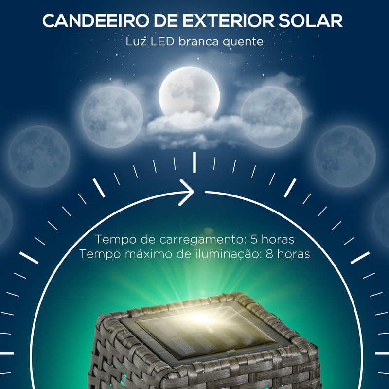 Candeeiro de Jardim de Vime Sintético Candeeiro Solar de Exterior com Luzes LED Ligar/Desligar Automático para Varanda Pátio 21x21x78cm Cinza