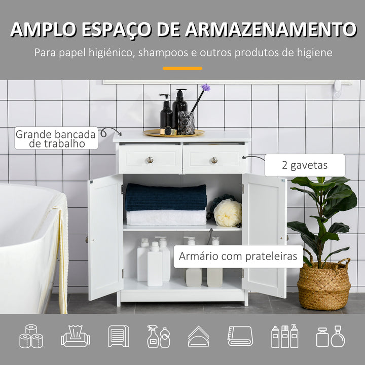 Armário Auxiliar Casa de Banho Móvel Auxiliar de Casa de Banho com 2 Gavetas 2 Portas e Prateleira Ajustável Estilo Moderno para Duche Dormitório 60x30x75cm Branco
