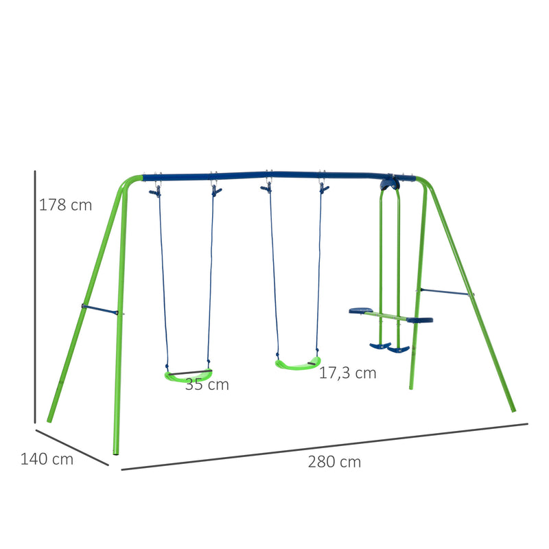 Conjunto de Baloiços de Jardim de Metal com Altura Ajustável Baloiços para Crianças acima de 3 Anos com Baloiço Duplo Baloiço para Pátio Exterior 280x140x178 cm Verde