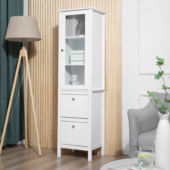 Armário alto para banheiro Armário com 1 porta de vidro prateleiras ajustáveis e 2 gavetas 43x35x160 cm Branco