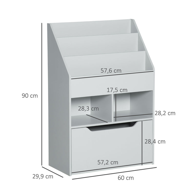 Estante de Brinquedos com 3 Compartimentos 2 Prateleiras e Gaveta Móvel com 4 Rodas Estante para Livros Infantil para Dormitório Infantil Sala de Jogos 60x29,9x90cm Cinza