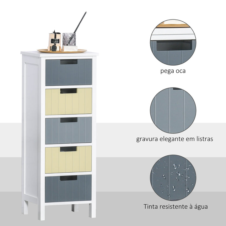 Cómoda de Madeira com 5 Gavetas Cómoda Auxiliar de Armazenamento com Pés Elevados Estilo Moderno para Dormitório Sala de Estar Casa de Banho 35x28x90,5cm Multicor