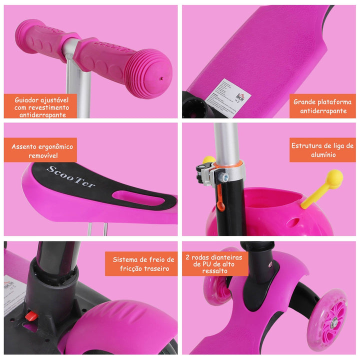5 em 1 trotinete para crianças de acima de 1 ano 3 rodas trotinete com assento removível guiador ajustável 62x25x72,5 cm Rosa