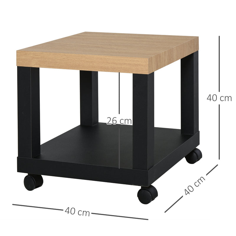 Mesa de Apoio para sofá mesa lateral com prateleira aberta, rodas e freios 40x40x40 Preto e Madeira