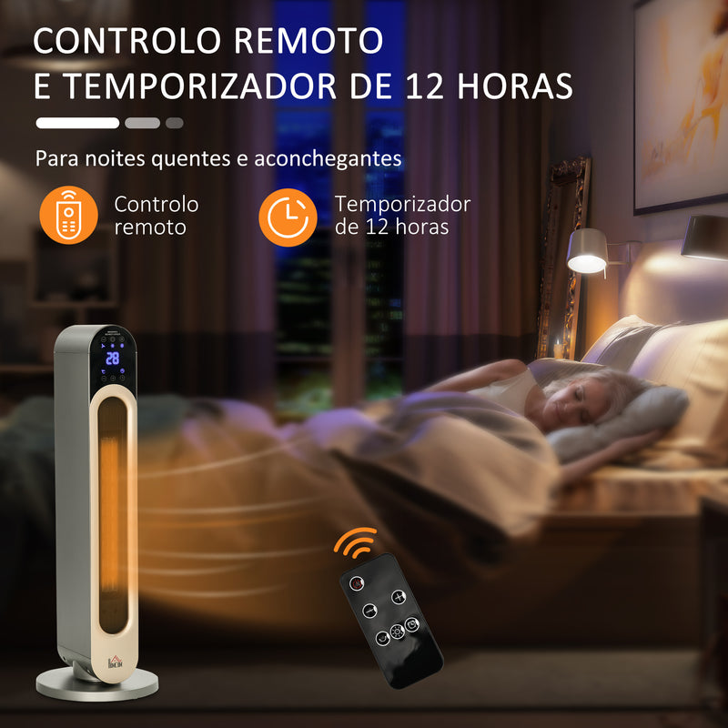 Aquecedor Cerâmico de Torre 1100/2200W com Controlo Remoto Ecrã LED Temporizador de 12h Termostato 3 Modos e Oscilação para 20-25m² Ø25x73,5cm Prata