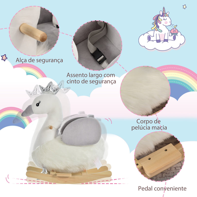 Cavalo de balanço para bebê acima de 18 meses em forma de cisne com som 60x33x59 branco e cinza