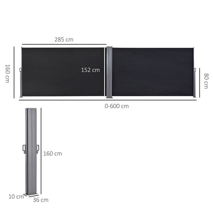 Toldo Lateral Retrátil 600x160cm Toldo de Privacidade Extensível com Ângulo Ajustável e Proteção UV+50 para Jardim Balção Terraço Cinza