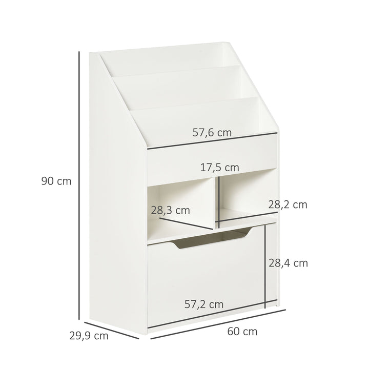 Estante de Madeira para Brinquedos com 3 Compartimentos 2 Cubos e Gaveta Móvel com 4 Rodas Estante para Livros Infantil para Dormitório Infantil Sala de Jogos 60x29,9x90cm Branco