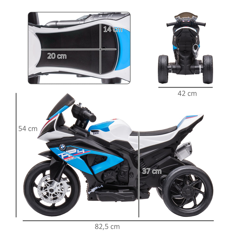 Mota Elétrica BMW HP4 para Crianças Acima de 18 Meses Mota de Bateria 6V com Música USB Velocidade 2,5km/h Avance e Retrocesso Carga Máxima 30kg 82,5x42x54cm Azul