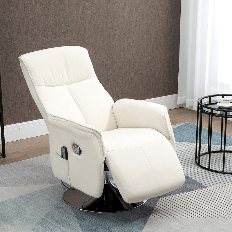 Poltrona de Massagem Elétrica com Apoio para os Pés Poltrona Relax Giratória Reclinável até 135° com Controlo Remoto 10 Pontos de Massagem e Bolso Lateral 68,5x84x110cm Creme