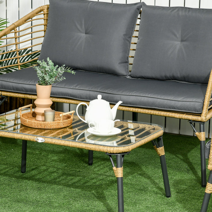 Conjunto de Móveis de Vime para 4 Pessoas Móveis de Jardim de 4 Peças com Sofá de 2 Lugares 2 Poltronas Mesa de Centro e 4 Almofadas para Varanda Pátio Marrom Claro e Cinza Escuro