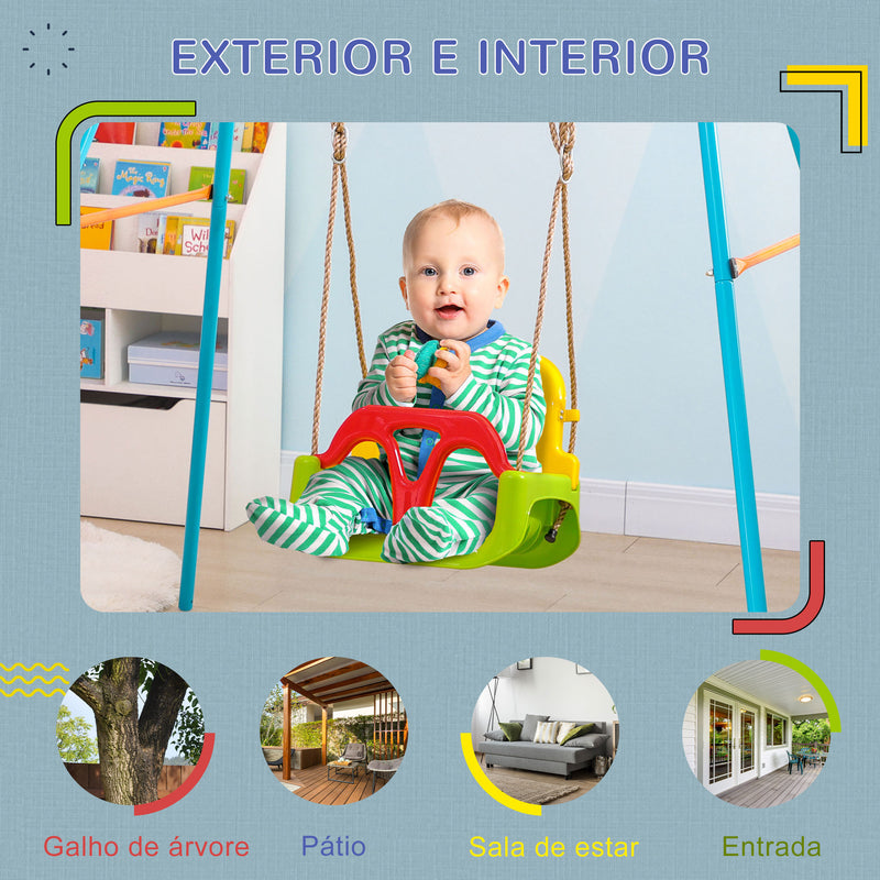 Baloiço para Bebé 3 em 1 com Encosto Desmontável Cordas Ajustáveis e Barra em T Baloiço Infantil para Crianças de 9-36 Meses para Interior e Exterior 42x33x120-180 cm Multicor