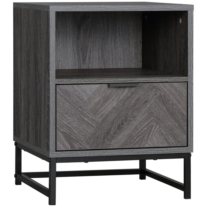 Mesa de Cabeceira com 1 Gaveta Prateleira Aberta e Pés de Aço Mesa de Cabeceira para Dormitório Sala de Estar Escritório Estilo Moderno 40x40x52cm Cinza Escuro