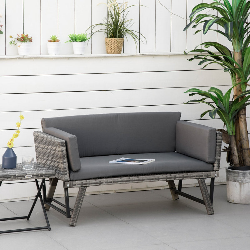 Sofá de 2 Lugares Vime Sintético Convertível em Cama Sofá de Jardim Exterior com Almofada Mobiliário Pátio Terraço 129x66x67cm Cinza