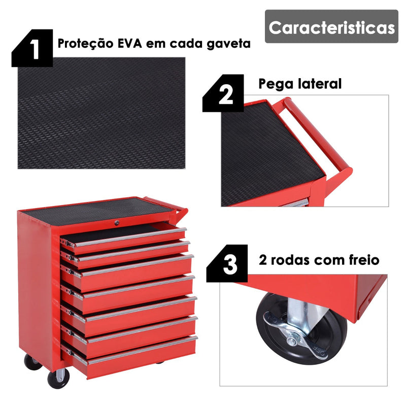 Carro de Ferramentas com Rodas para escritório Aço - Vermelho - 69x33x77,2cm