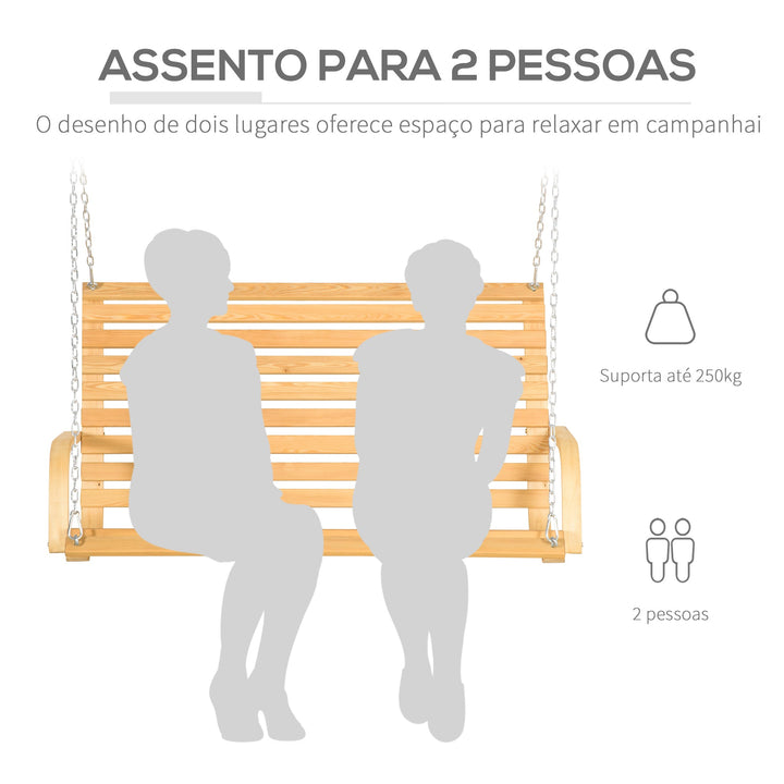 Banco Baloiço de Madeira de 2 Lugares Baloiço Suspenso Carga Máxima 250kg para Jardim Terraço Balcão Exterior 141,5x51x78cm Natural