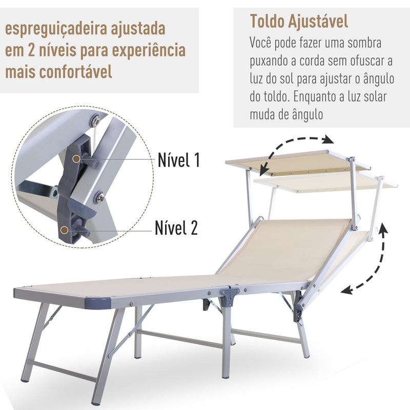 Espreguiçadeira reclinável e dobrável com toldo 169x72x55 / 72cm Bege