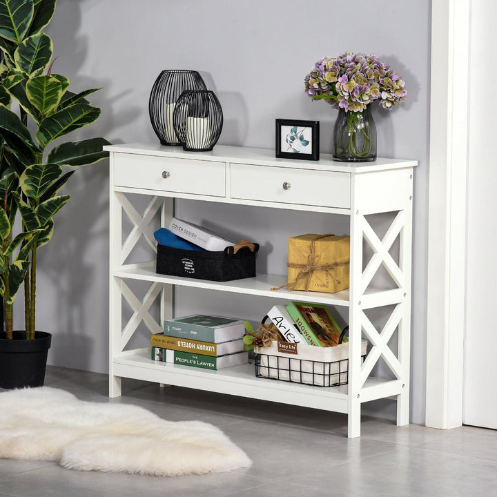 Mesa consola tipo aparador para Corredor com 2 gavetas e 2 prateleiras inferiores Móveis modernos 100x30.5x80 cm Branco