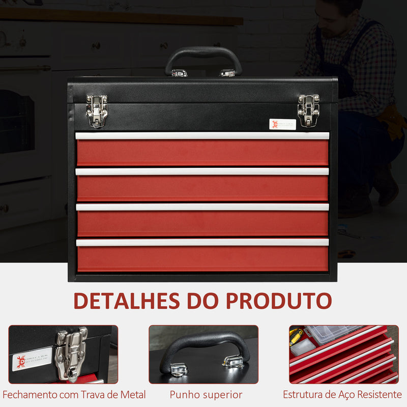 Caixa de Ferramentas de Aço com 4 Gavetas Tampa Abatível e Fechaduras Metálicas Mala de Ferramentas Portátil para Oficina Bricolage Casa 51x22x39,5 Preto e Vermelho