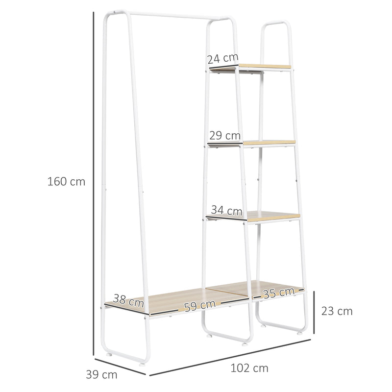 Suporte para Cabides Charriot de Madeira com 4 Prateleiras de Armazenamento e Barra de Pendurar para Dormitório Sala de Estar Entrada Estilo Industrial 101x39x160cm Madeira e Branco