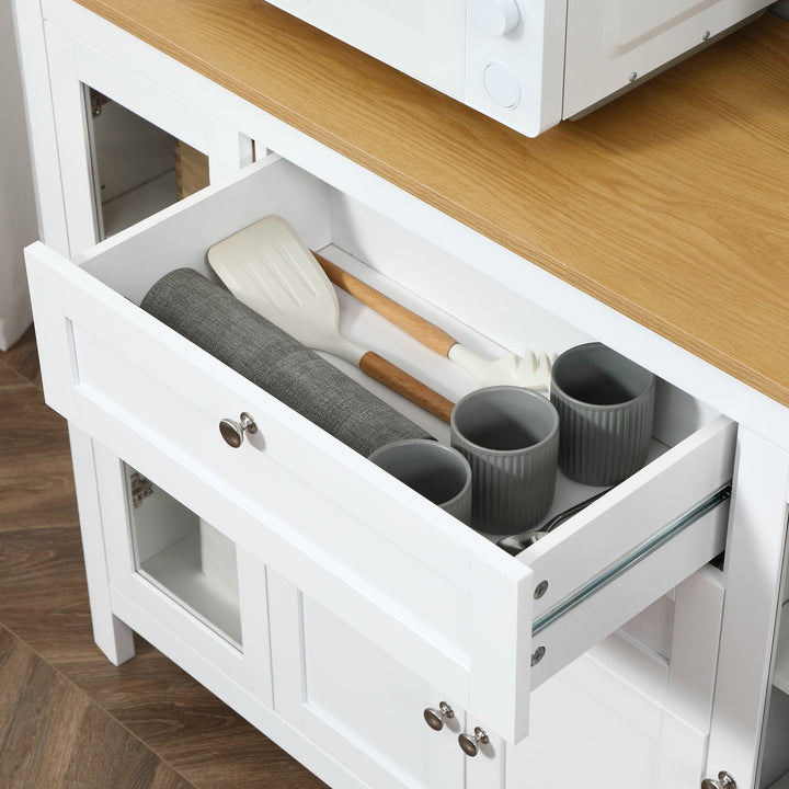 Aparador de Cozinha com Armário 2 Gavetas 2 Portas de Vidro e Prateleiras Ajustáveis Móvel Auxiliar de Armazenamento para Sala de Jantar Sala de Estar 120x40x90cm Branco