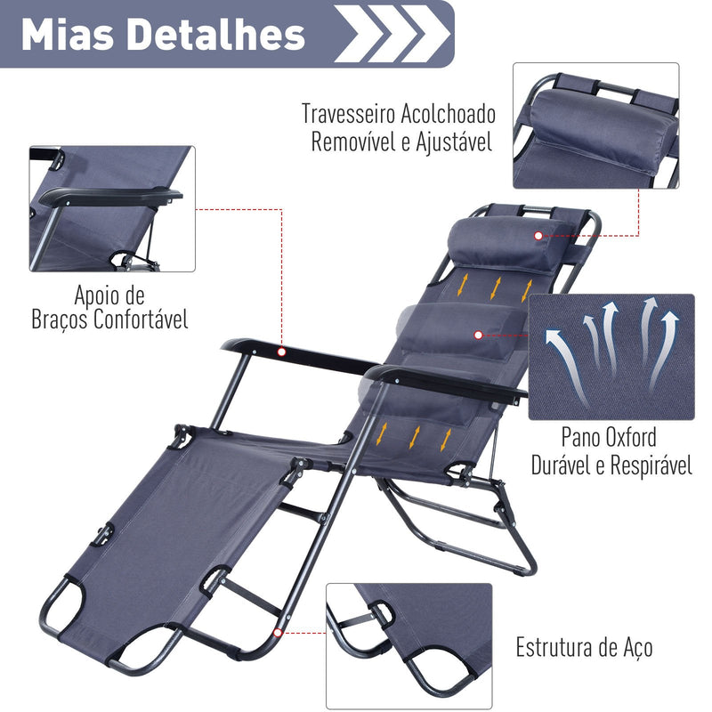 Espreguiçadeira Reclinável Dobrável com Encosto Ajustável Apoio de Braço e Apoio para os Pés Carga 136 kg 135x60x89cm Cinza