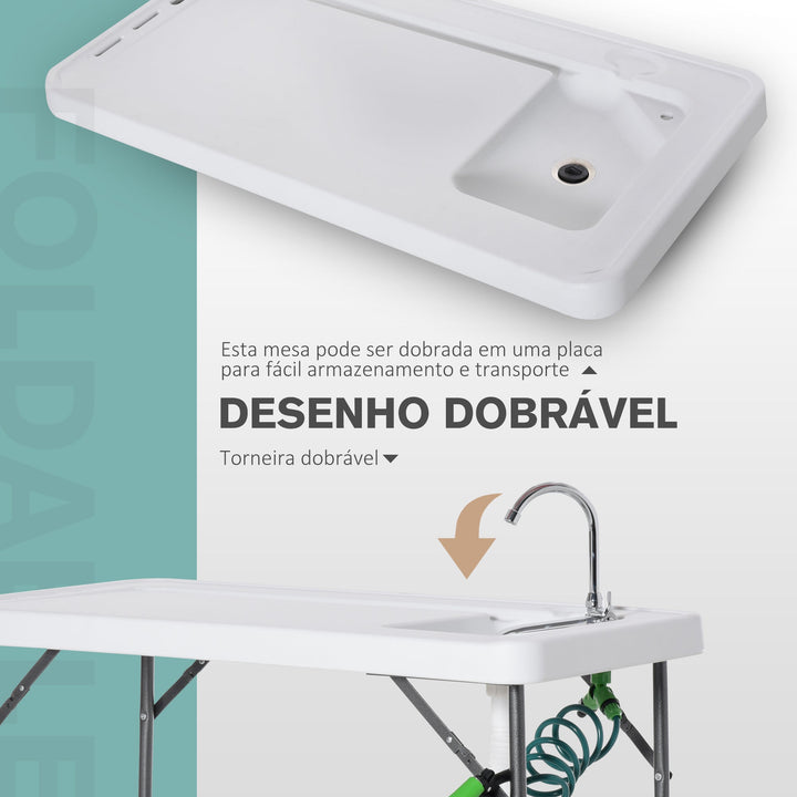 Mesa de piquenique dobrável com torneira de pia e pistola de irrigação extensível 114,5x59x94,5 cm Branco