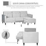 Sofá Cama com Chaise Longue de 3 Lugares Tato Aveludado com Encosto Ajustável e Apoio para os Pés Móvel 218x85x86cm Cinza