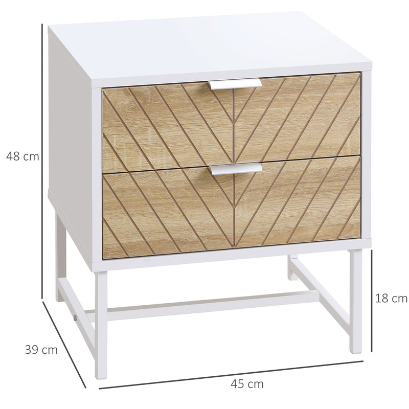 Mesa de Cabeceira com 2 Gavetas Mesa Auxiliar com Pés de Aço para Sala de Estar Dormitório 45x39x48cm Carvalho e Branco