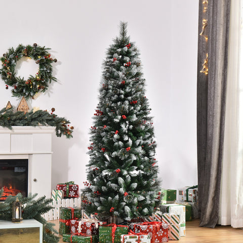 Árvore de Natal Artificial 180cm Ignífugo com 539 Ramos 51 Bagas Folhas de PVC Base Dobrável e Suporte Metálico Decoração de Natal para Interiores Verde
