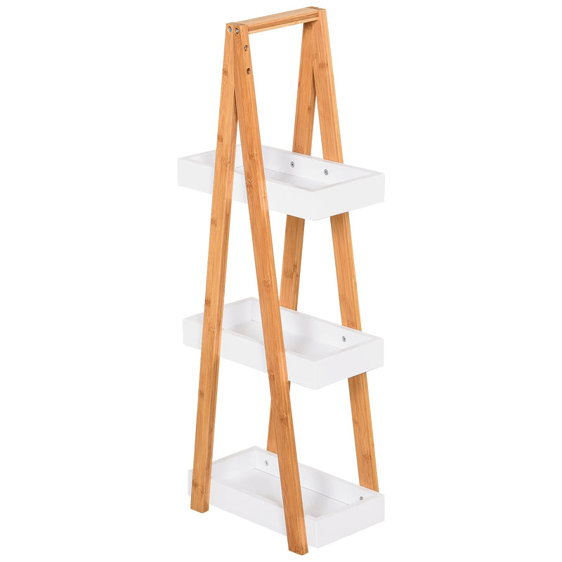 Estante de Bambú para Casa de Banho com 3 Prateleiras de Armazenamento Móvel Organizador para Cozinha Sala de Estar Lavanderia 30x18x81cm Madeira e Branco