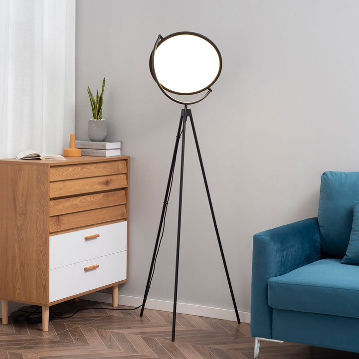 Candeeiro de Pé Moderno Candeeiro de Pé com Luz LED de 20W Ecrã Giratório Tripé de Metal e Interruptor de Pé para Sala de Estar Dormitório Escritórios 60x60x163cm Preto