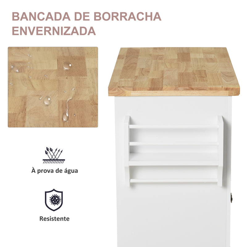 Ilha de Cozinha com Rodas Móvel Auxiliar de Cozinha com 2 Gavetas 4 Portas Suporte para Temperos e Barra Lateral 111x44,5x82,5cm Branco e Madeira