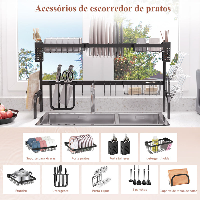 Escorredor de Louça de Aço Escorredor de Pratos de 2 Níveis com Prateleira para Pratos Suporte para Facas e Talheres 100x30x52,5cm Preto