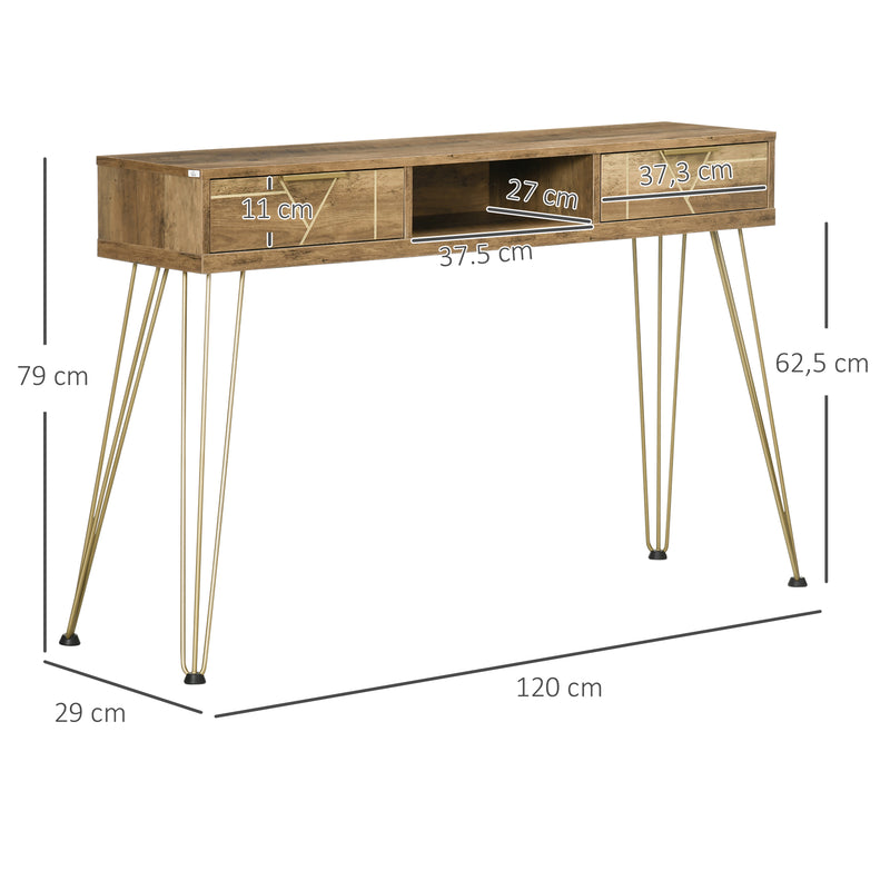 Consola Móvel de Entrada com 2 Gavetas Prateleira Aberta e Pés de Aço para Sala de Estar Corredor Estilo Moderno 120x29x79cm Madeira e Bronze