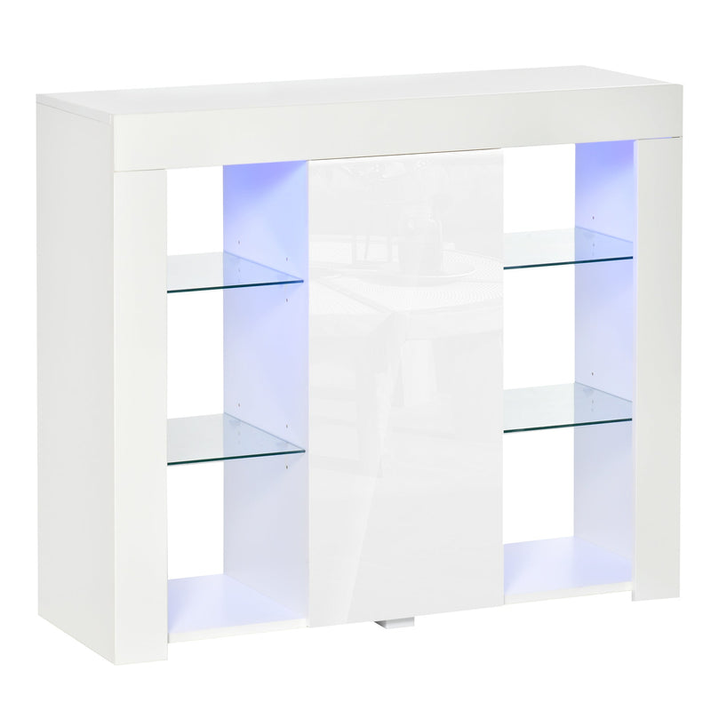 Aparador Moderno com Luzes LED Móvel Buffet com 1 Porta com Fechamento a Pressão e Prateleiras Ajustáveis Controle Remoto 97x35x83cm Branco