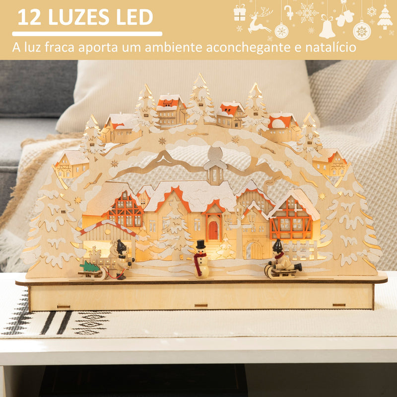 Casa de Vila Natal com 12 Luzes LED Cena Natalícia Iluminada Decoração de Natal para Escritório Mesa Lareira 45x7x28cm Madeira