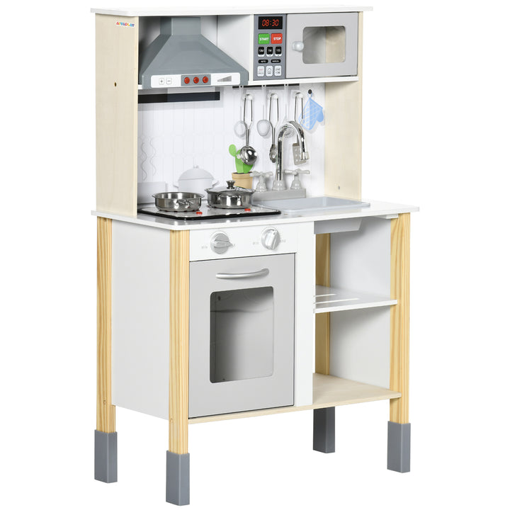 Cozinha Infantil de Madeira Cozinha para Crianças acima de 3 Anos com Altura Ajustável Luz Sons Lavatório Fogão Forno 60x30,5x93,2cm Branco e Cinza