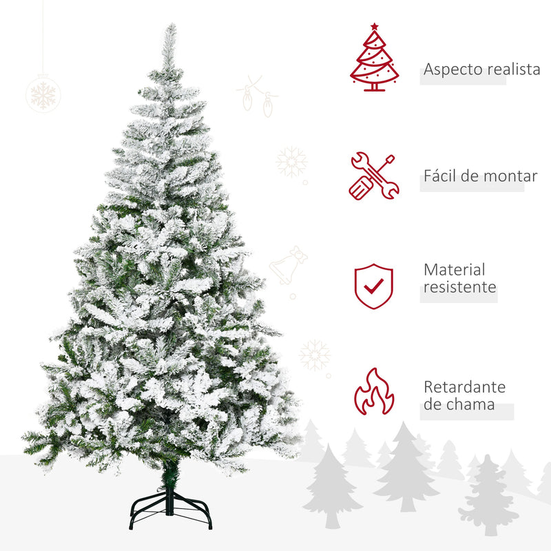 Árvore de Natal Artificial 180cm com Neve Ignífugo com 750 Ramos Folhas de PVC Base Dobrável e Suporte Metálico Decoração de Natal para Interiores Verde