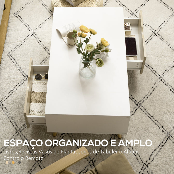Mesa de Centro Retangular Mesa de Sala de Estar com 2 Gavetas e Compartimentos Abertos Estilo Nórdico para Escritório Dormitório Estúdio 106x58x39,5cm Branco e Madeira