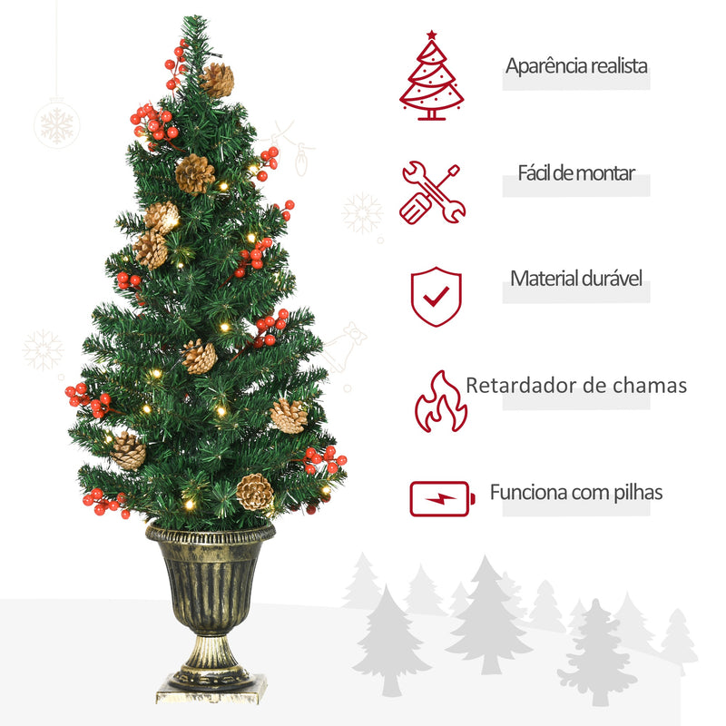 Conjunto de Decoração de Natal 4 Peças Decoração de Natal com 2 Árvores de Natal Coroa e Grinalda com Luzes LED Branca e Bagas Vermelhas 40x40x90cm Verde