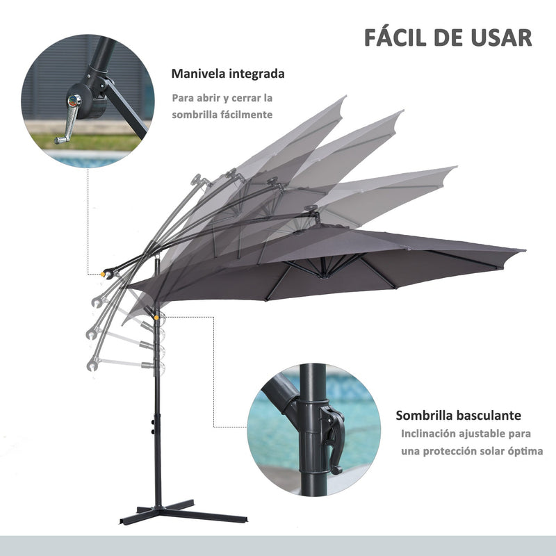 Chapéu de Sol de Jardim Ø300x250cm Chapéu de Sol Excêntrico Inclinável com Manivela Base Cruzada Suporte de Aço e Proteção Solar para Terraço Exterior Cinza