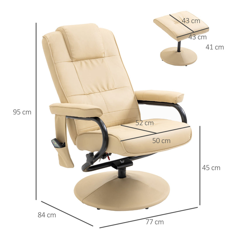 Poltrona de Massagem Elétrica com Banco para Apoiar os Pés Poltrona Relax Giratório Reclinável em até 145° com Controle Remoto e 10 Zonas de Massagem Estofado em PU 77x84x95cm Bege