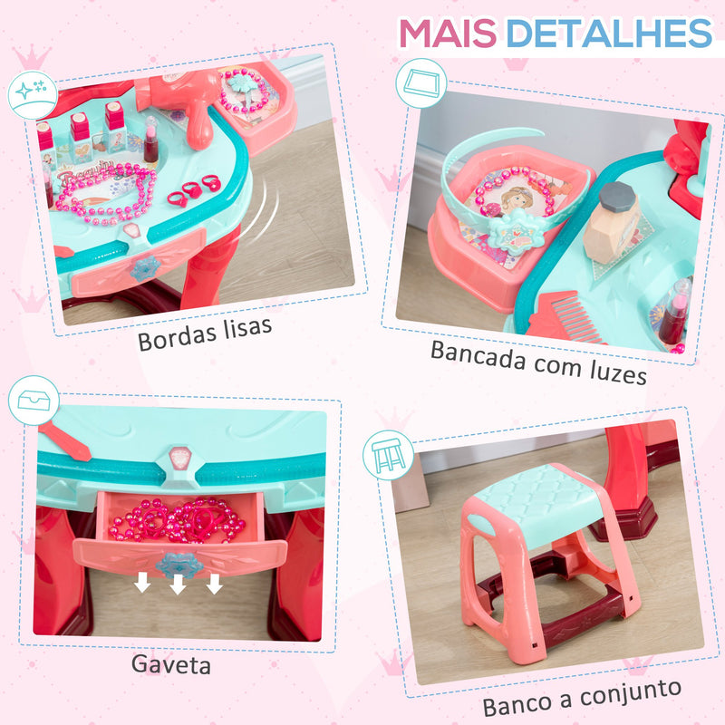 Toucador Infantil para Crianças acima de 3 Anos com Banco Espelho Luz Música e Secador Inclui 18 Acessórios Toucador de Maquilhagem 57x34x76cm Multicor