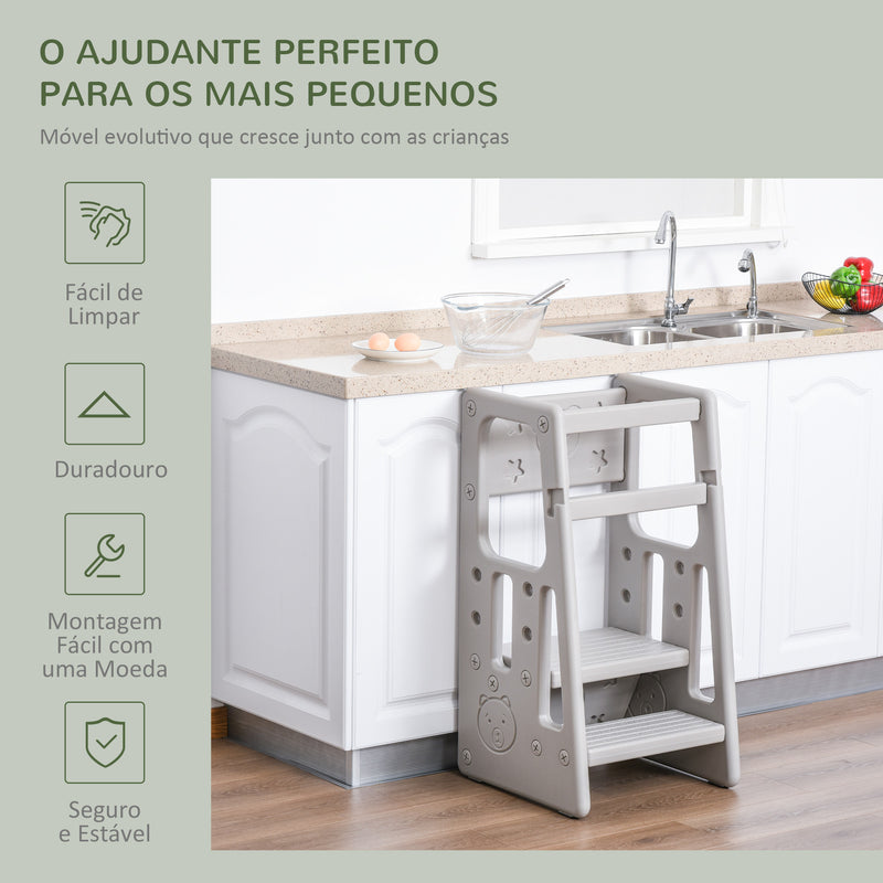 Torre de Aprendizagem para Crianças Banco Infantil com Altura Ajustável em 3 Posições e Plataforma Antiderrapante para Cozinha Sala de Jantar Casa de Banho 47x47x90cm Cinza