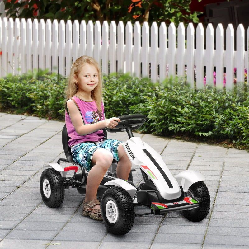 Kart a Pedais para Crianças Kart a Pedais Infantil com Assento Ajustável Pneus de Goma Travão de Mão para Crianças de 5-12 Anos Carga Máxima 50 kg 121x58x61 cm Branco