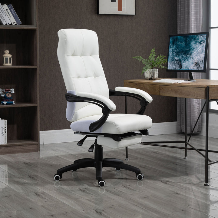 Cadeira de escritório ergonômica giratória com função de inclinação altura ajustável Apoio de braço e apoio para os pés em couro sintético 65x65x114-124 cm Branco